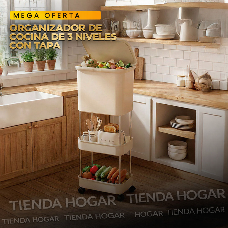 Organizador de cocina de 3 niveles con recipiente arriba con tapa