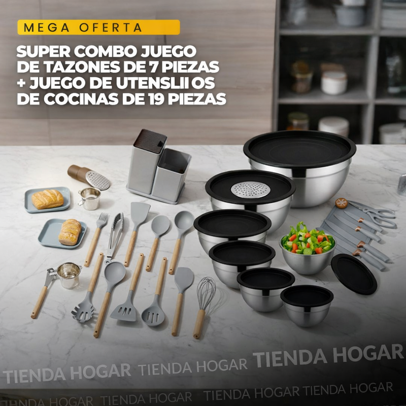 Super combo tazones de 7 piezas con tapa mas juego de utencilios de cocina de 19 piezas